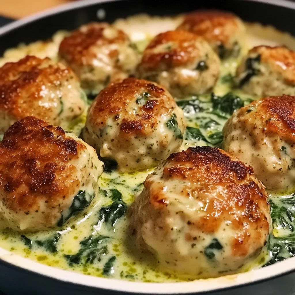 Baked Chicken Ricotta Meatballs with Spinach Alfredo Sauce