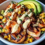 Grilled Shrimp Bowl with Avocado, Corn Salsa & Creamy Garlic Sauce
