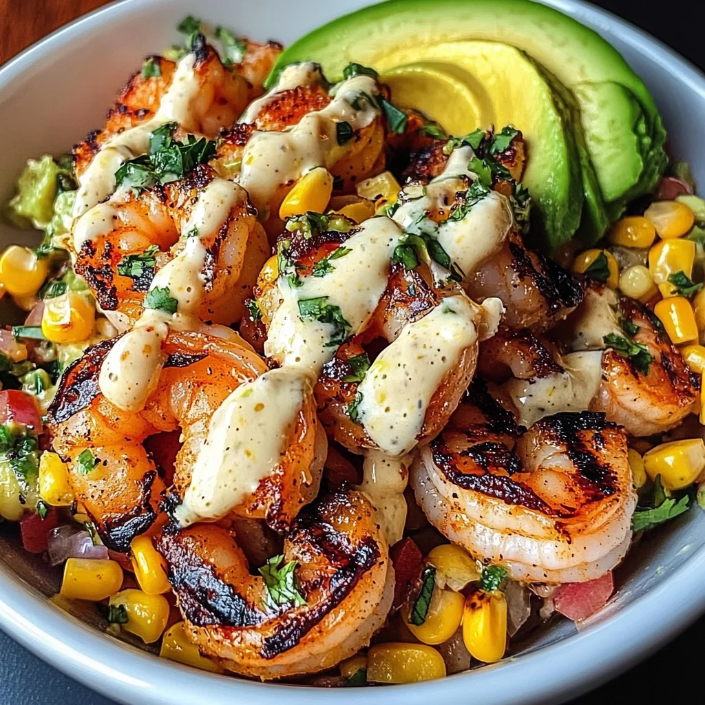 Grilled Shrimp Bowl with Avocado, Corn Salsa & Creamy Garlic Sauce