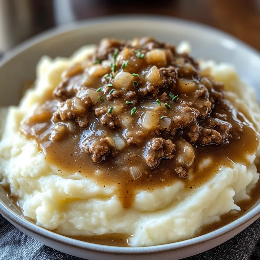 Delicious chicken chicken hamburger Gravy Over Mashed Potatoes