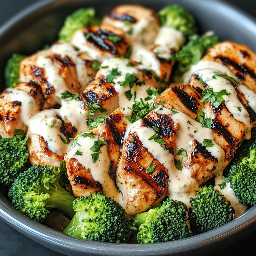 Grilled Chicken & Broccoli Bowls with Creamy Garlic Sauce