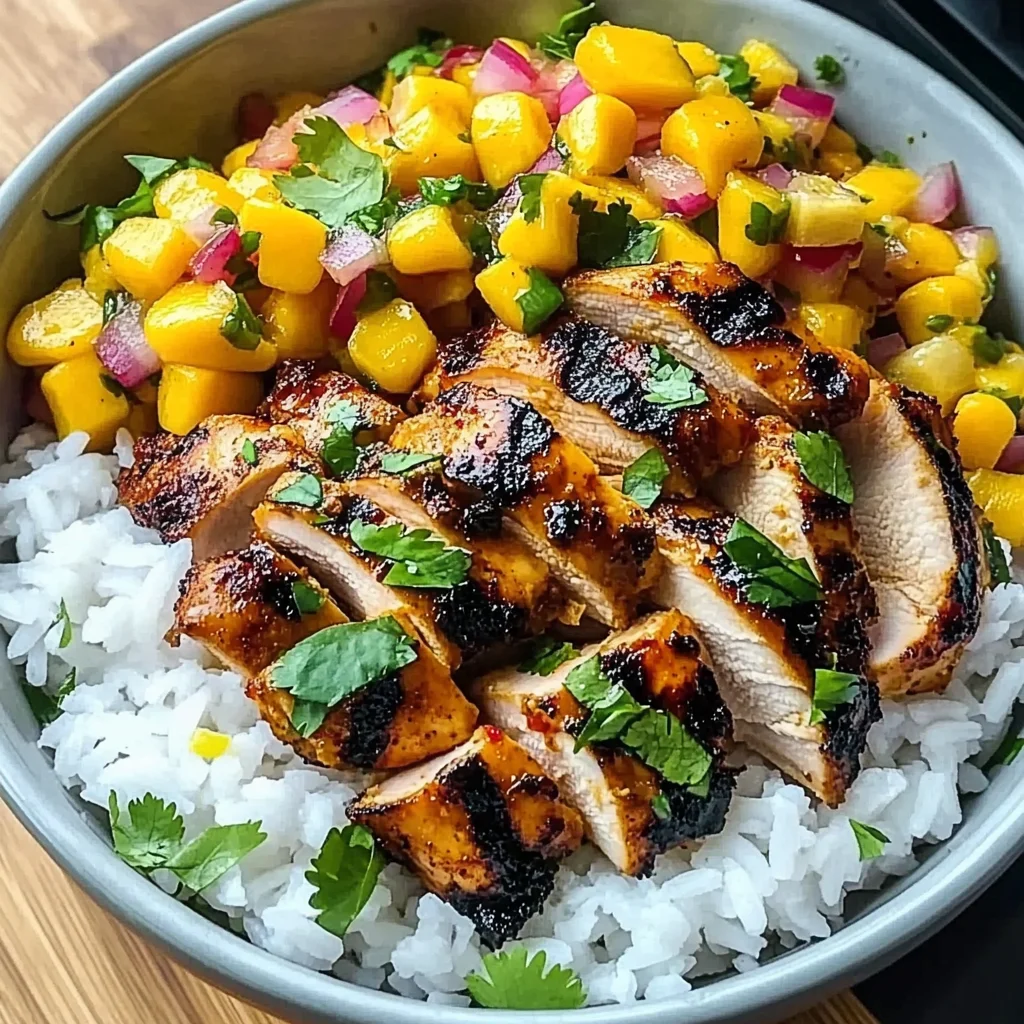 Jerk Chicken Bowls with Mango Salsa and Coconut Rice