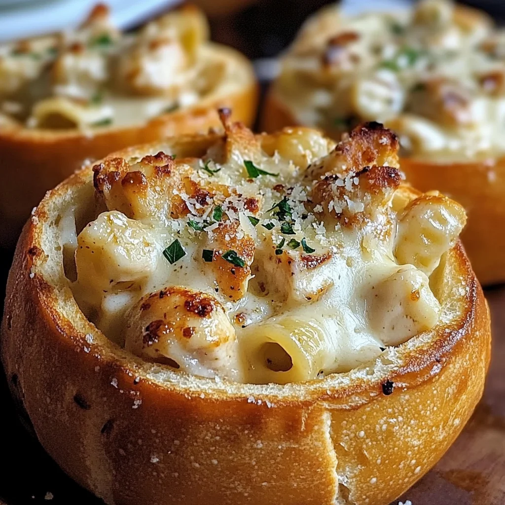 Chicken Alfredo Garlic Bread Bowls