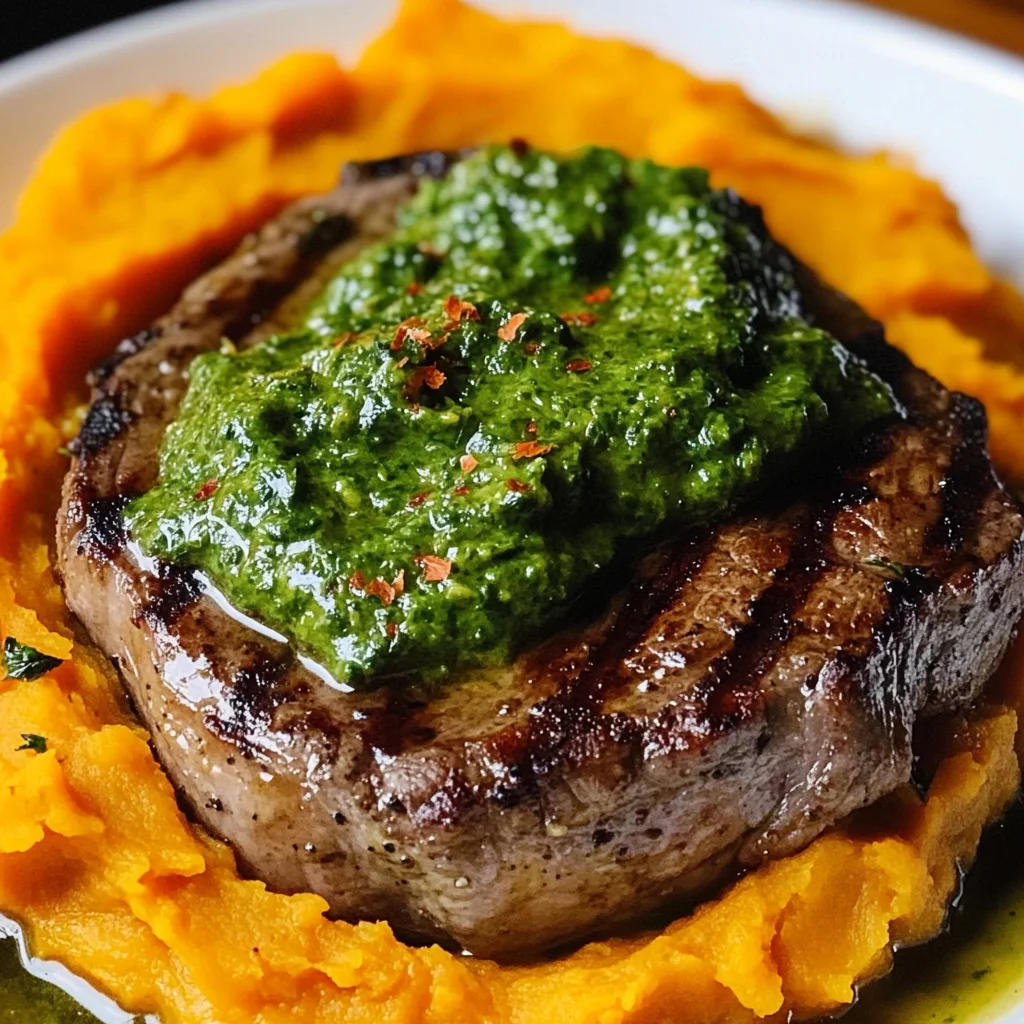 Steak with Green Sauce and Mashed Sweet Potatoes